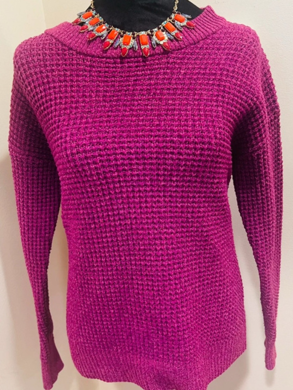 Fuchsia Waffle Knit Sweater Lightweight Spring Summer Layer Sz Small